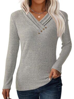 👚 Women's Grey Tunic Tops V Neck Button Loose T Shirts Fall Casual Blouse
